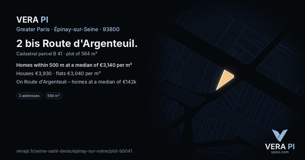 2 bis Route d'Argenteuil, Épinay-sur-Seine at night – the plot lit, the parcels around coloured by the prices near them