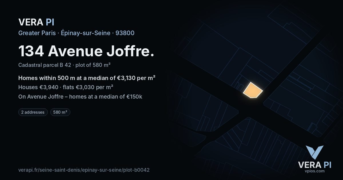 134 Avenue Joffre, Épinay-sur-Seine at night – the plot lit, the parcels around coloured by the prices near them