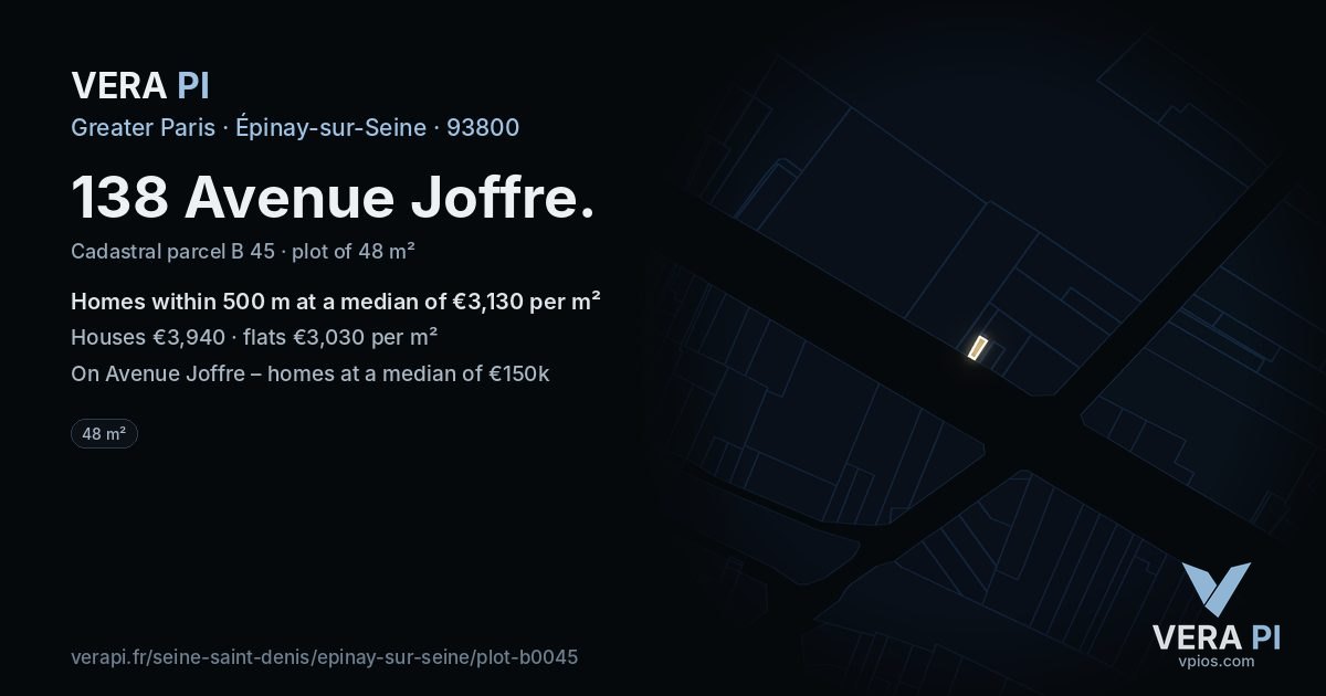 138 Avenue Joffre, Épinay-sur-Seine at night – the plot lit, the parcels around coloured by the prices near them