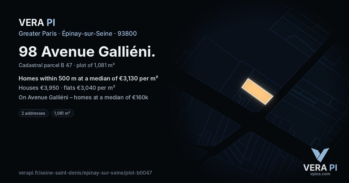 98 Avenue Galliéni, Épinay-sur-Seine at night – the plot lit, the parcels around coloured by the prices near them