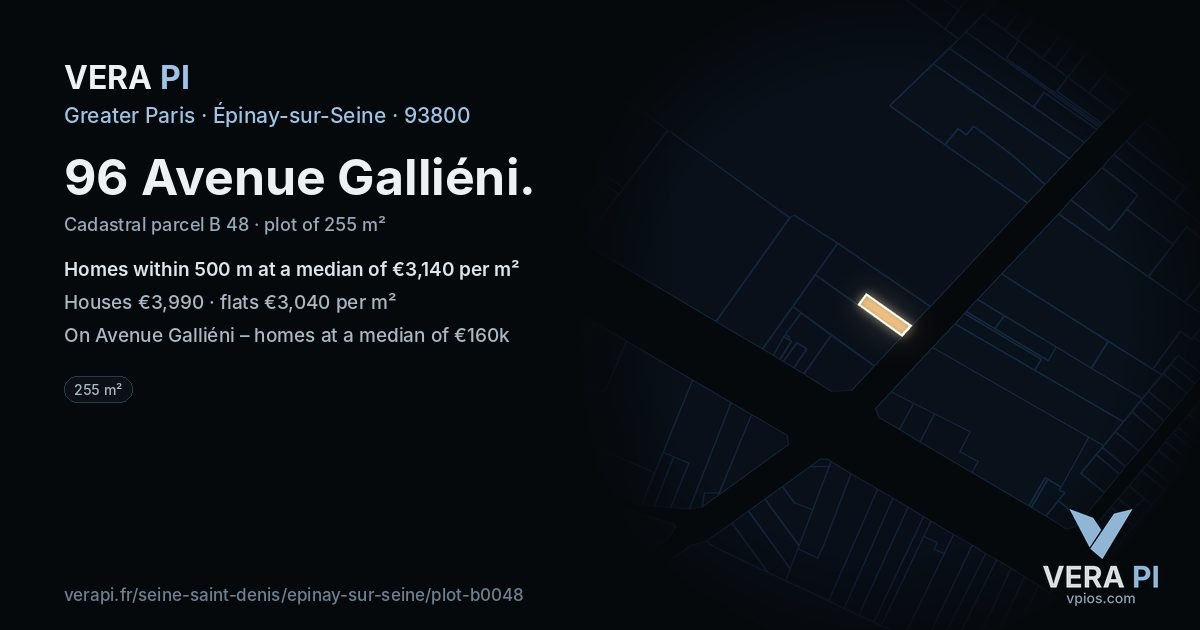 96 Avenue Galliéni, Épinay-sur-Seine at night – the plot lit, the parcels around coloured by the prices near them