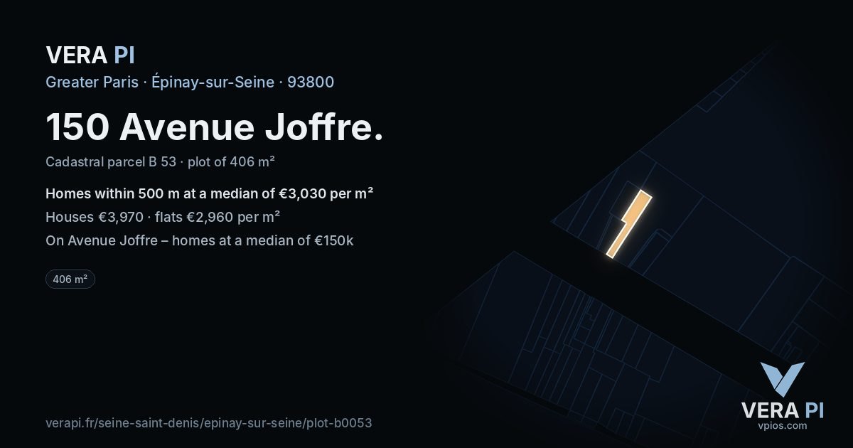 150 Avenue Joffre, Épinay-sur-Seine at night – the plot lit, the parcels around coloured by the prices near them