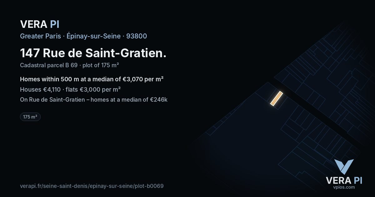 147 Rue de Saint-Gratien, Épinay-sur-Seine at night – the plot lit, the parcels around coloured by the prices near them