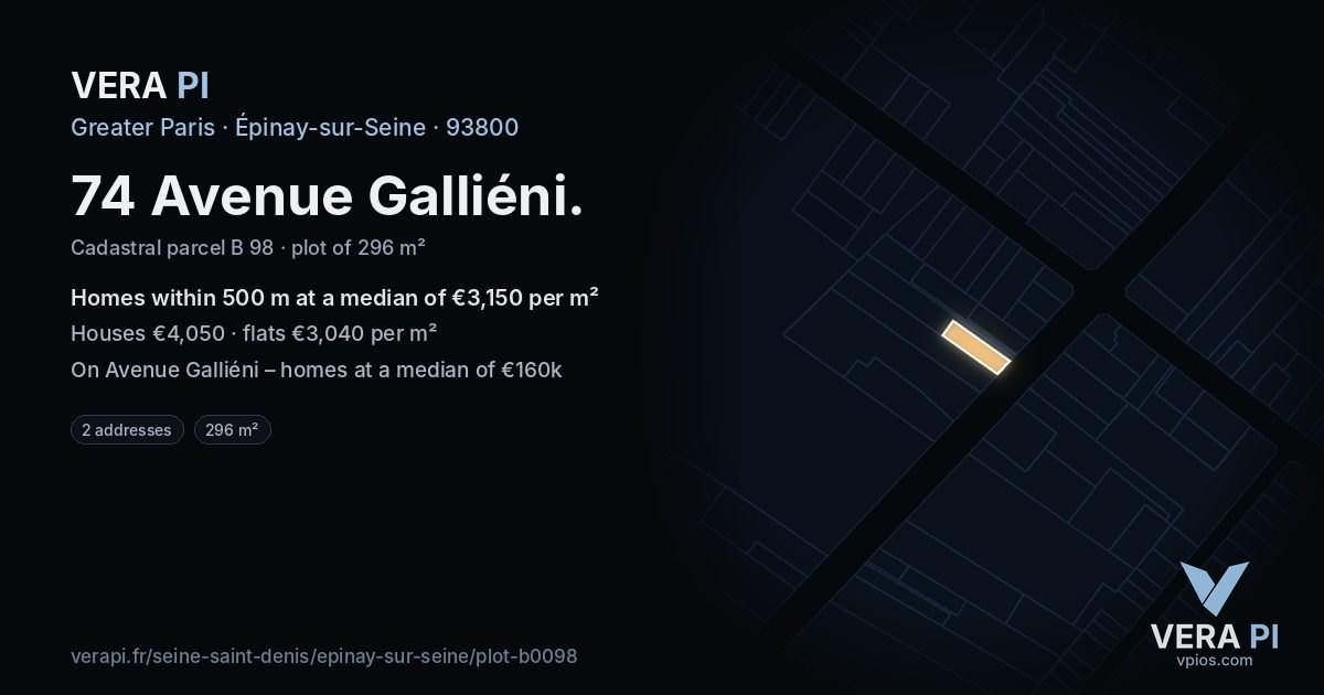 74 Avenue Galliéni, Épinay-sur-Seine at night – the plot lit, the parcels around coloured by the prices near them