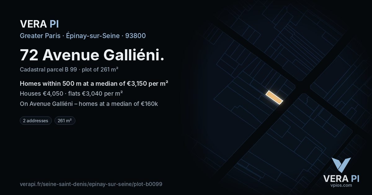 72 Avenue Galliéni, Épinay-sur-Seine at night – the plot lit, the parcels around coloured by the prices near them