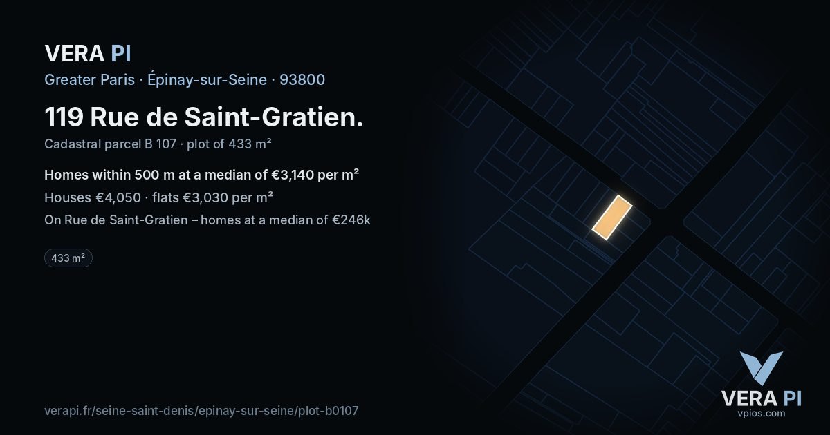 119 Rue de Saint-Gratien, Épinay-sur-Seine at night – the plot lit, the parcels around coloured by the prices near them