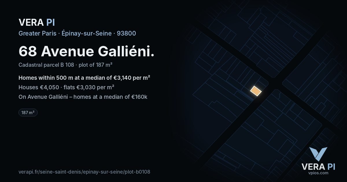 68 Avenue Galliéni, Épinay-sur-Seine at night – the plot lit, the parcels around coloured by the prices near them