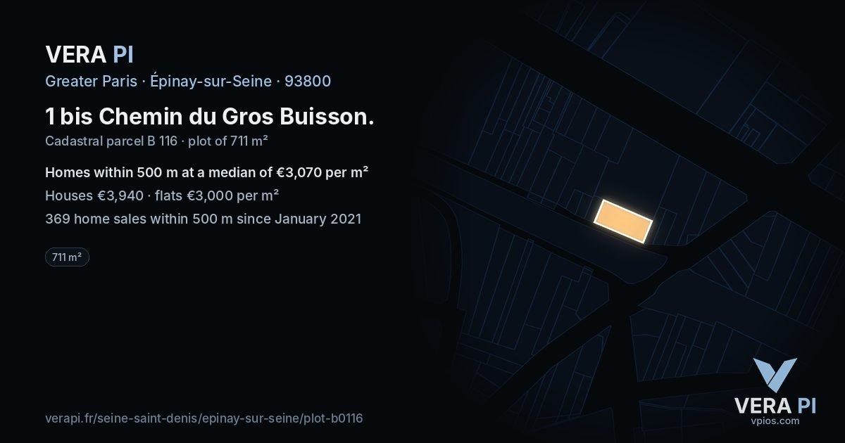 1 bis Chemin du Gros Buisson, Épinay-sur-Seine at night – the plot lit, the parcels around coloured by the prices near them