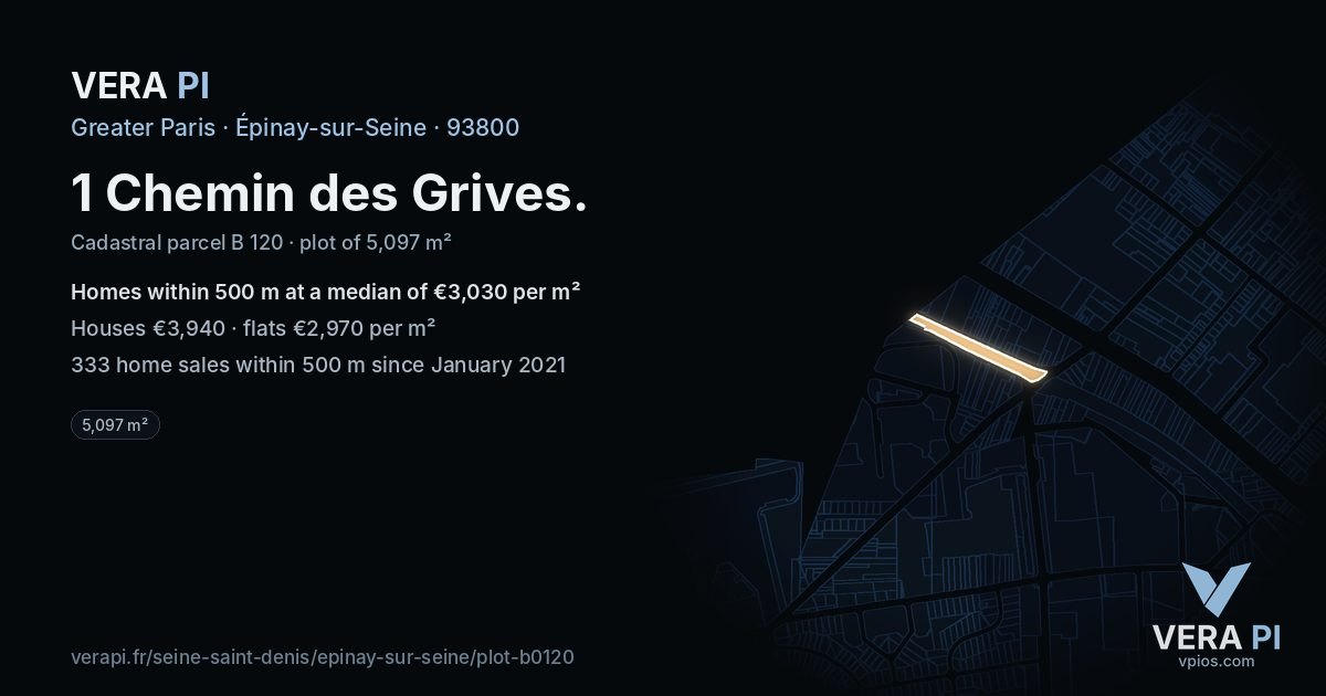 1 Chemin des Grives, Épinay-sur-Seine at night – the plot lit, the parcels around coloured by the prices near them