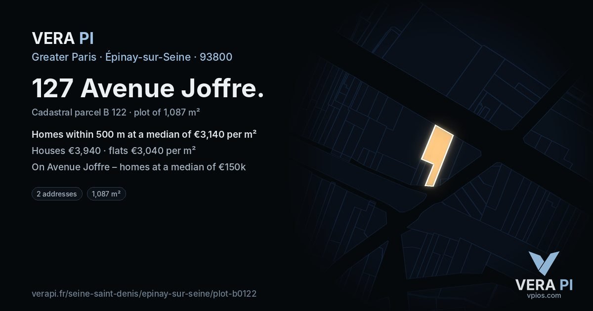 127 Avenue Joffre, Épinay-sur-Seine at night – the plot lit, the parcels around coloured by the prices near them