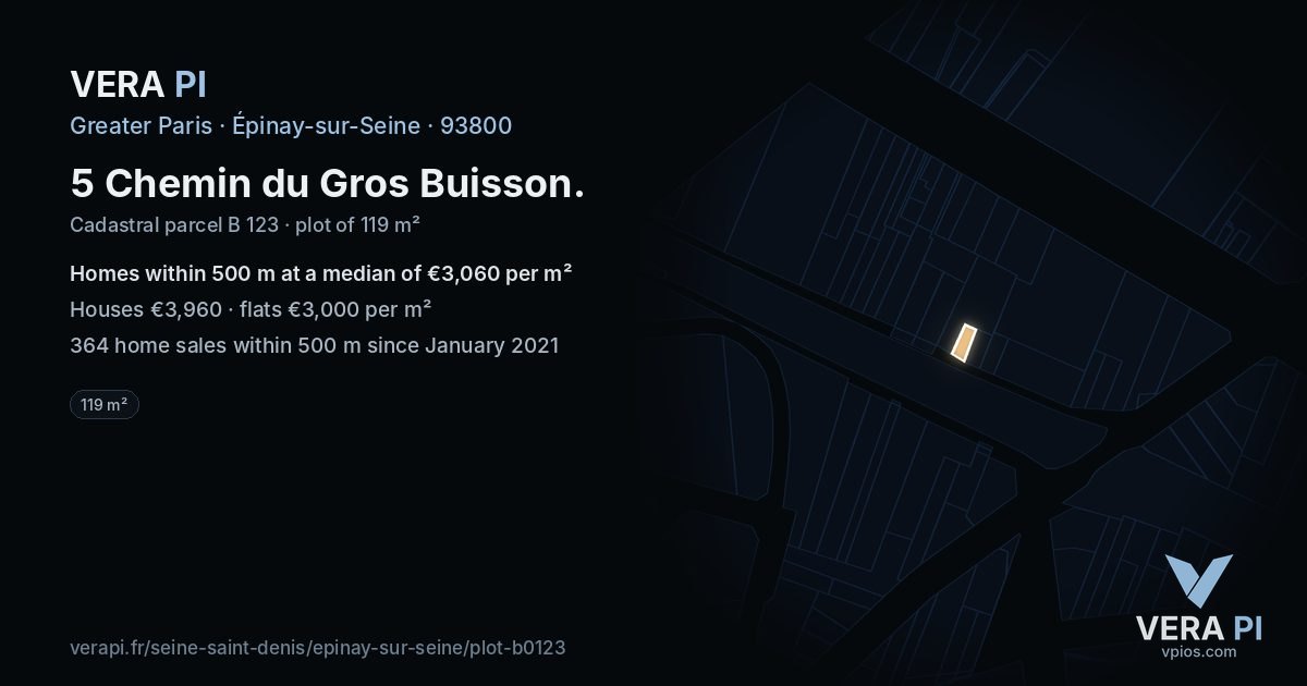 5 Chemin du Gros Buisson, Épinay-sur-Seine at night – the plot lit, the parcels around coloured by the prices near them