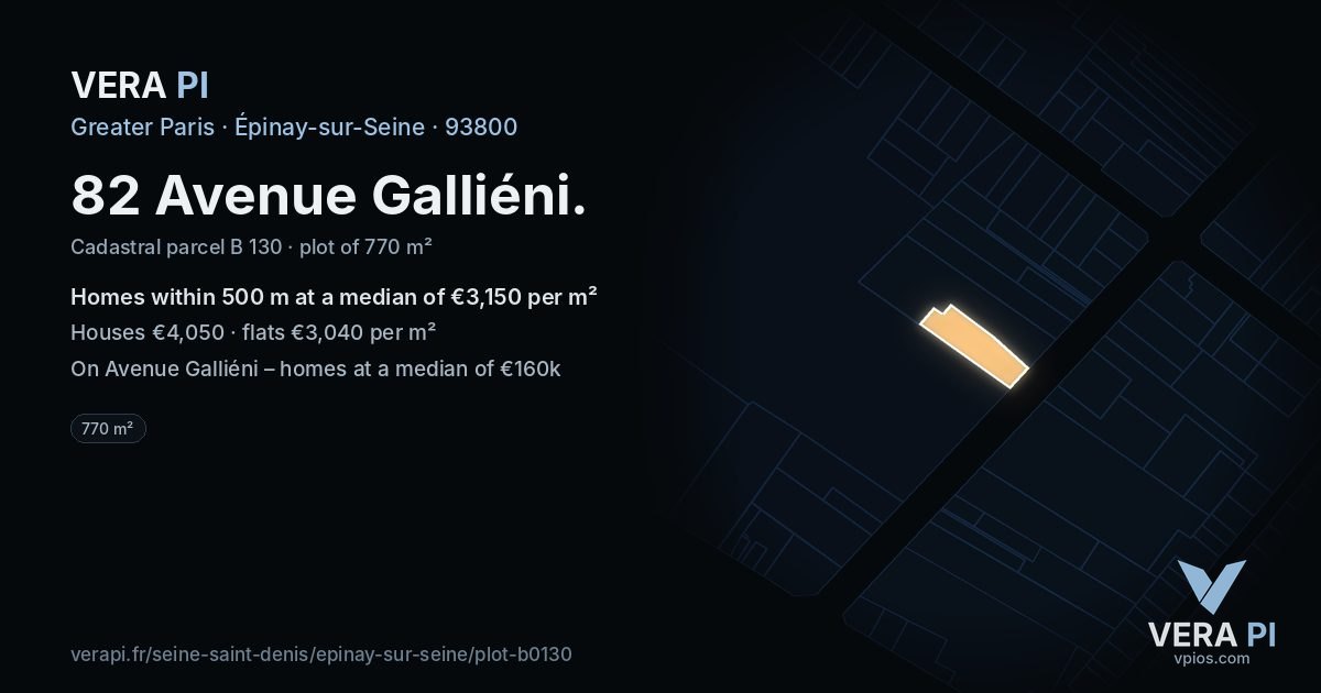 82 Avenue Galliéni, Épinay-sur-Seine at night – the plot lit, the parcels around coloured by the prices near them