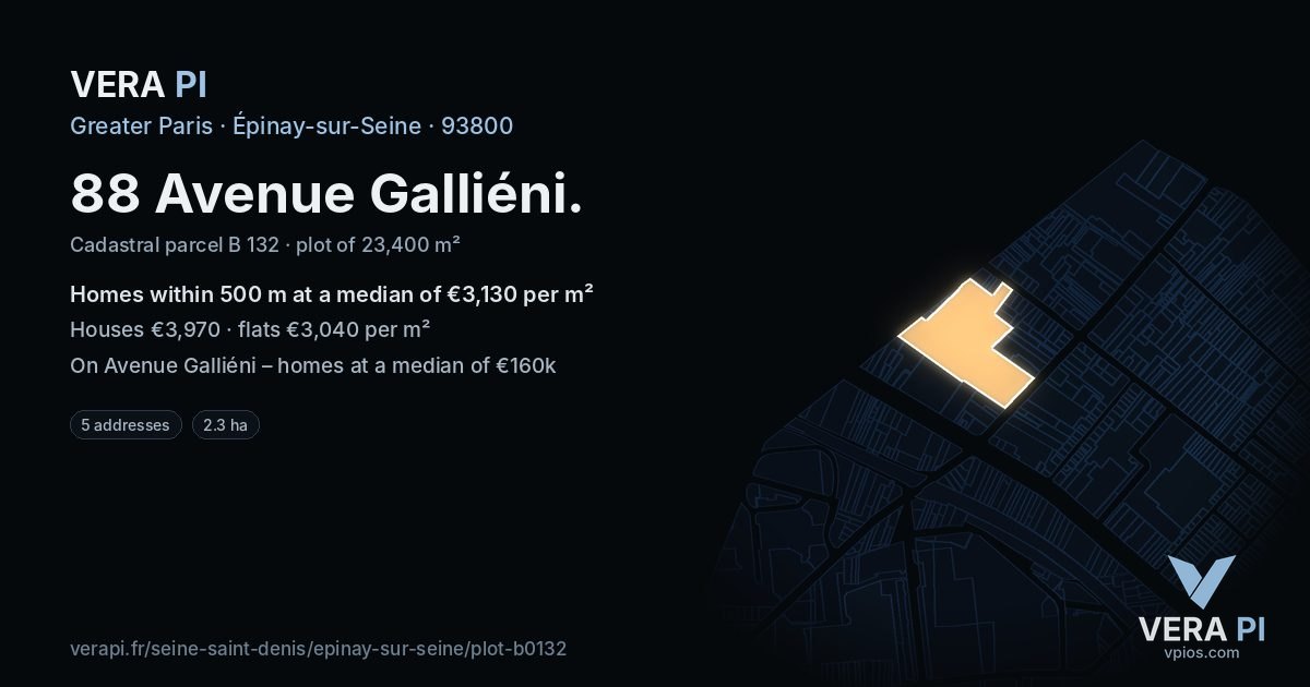 88 Avenue Galliéni, Épinay-sur-Seine at night – the plot lit, the parcels around coloured by the prices near them