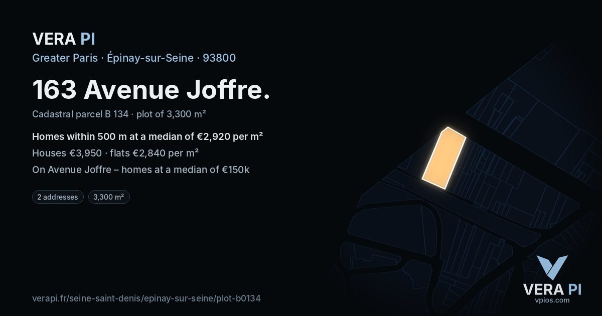 163 Avenue Joffre, Épinay-sur-Seine at night – the plot lit, the parcels around coloured by the prices near them
