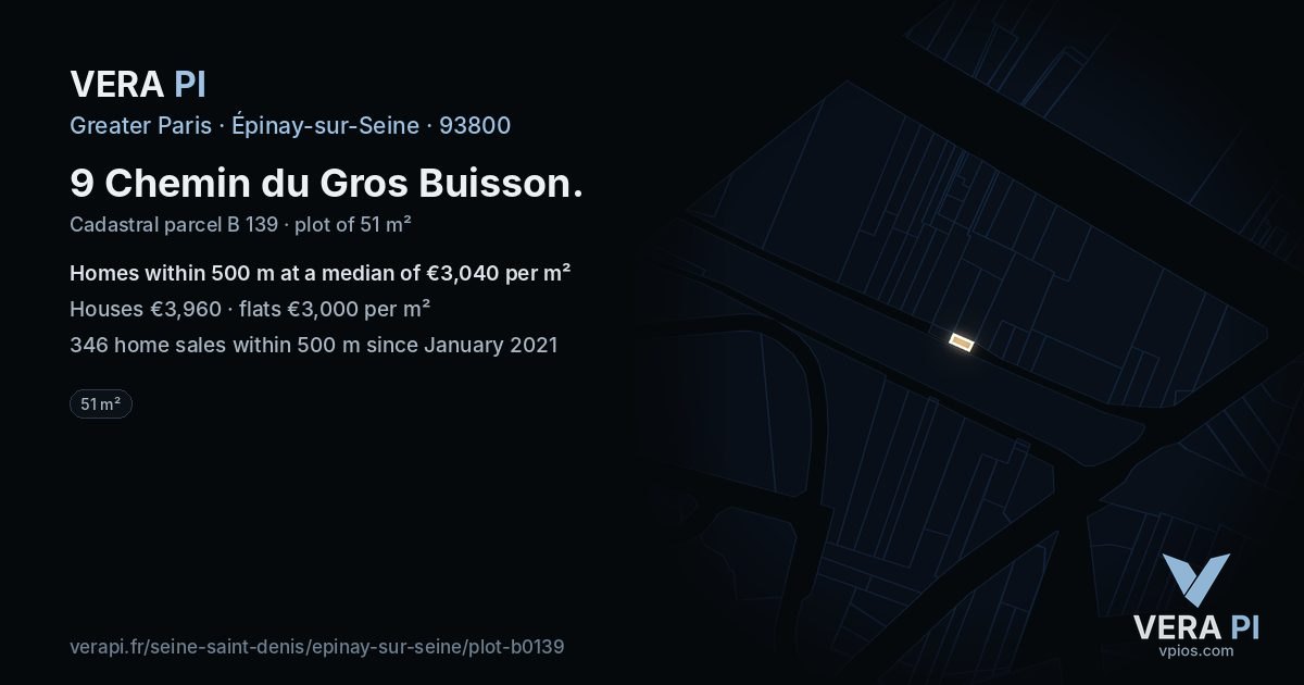 9 Chemin du Gros Buisson, Épinay-sur-Seine at night – the plot lit, the parcels around coloured by the prices near them