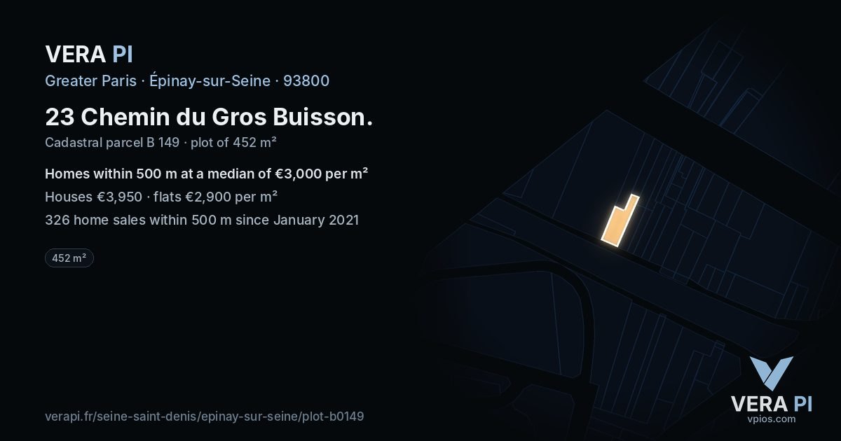 23 Chemin du Gros Buisson, Épinay-sur-Seine at night – the plot lit, the parcels around coloured by the prices near them