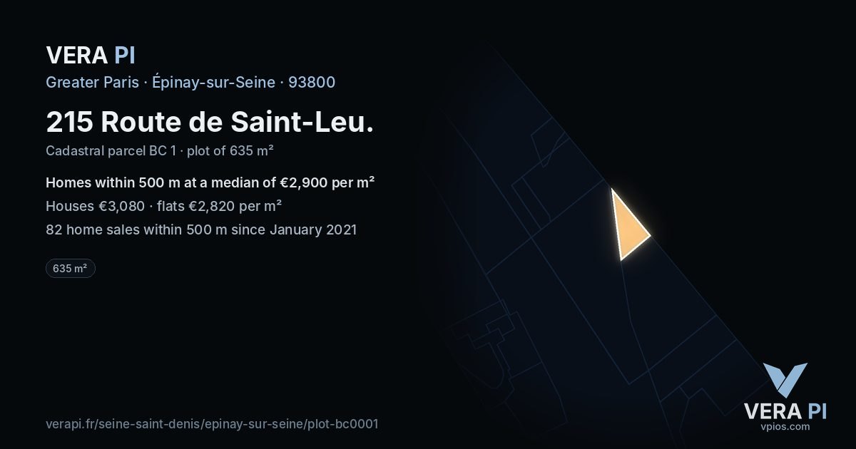 215 Route de Saint-Leu, Épinay-sur-Seine at night – the plot lit, the parcels around coloured by the prices near them