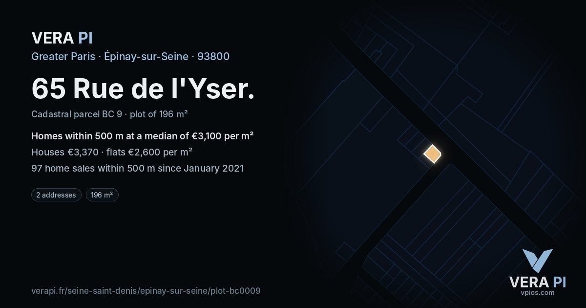 65 Rue de l'Yser, Épinay-sur-Seine at night – the plot lit, the parcels around coloured by the prices near them