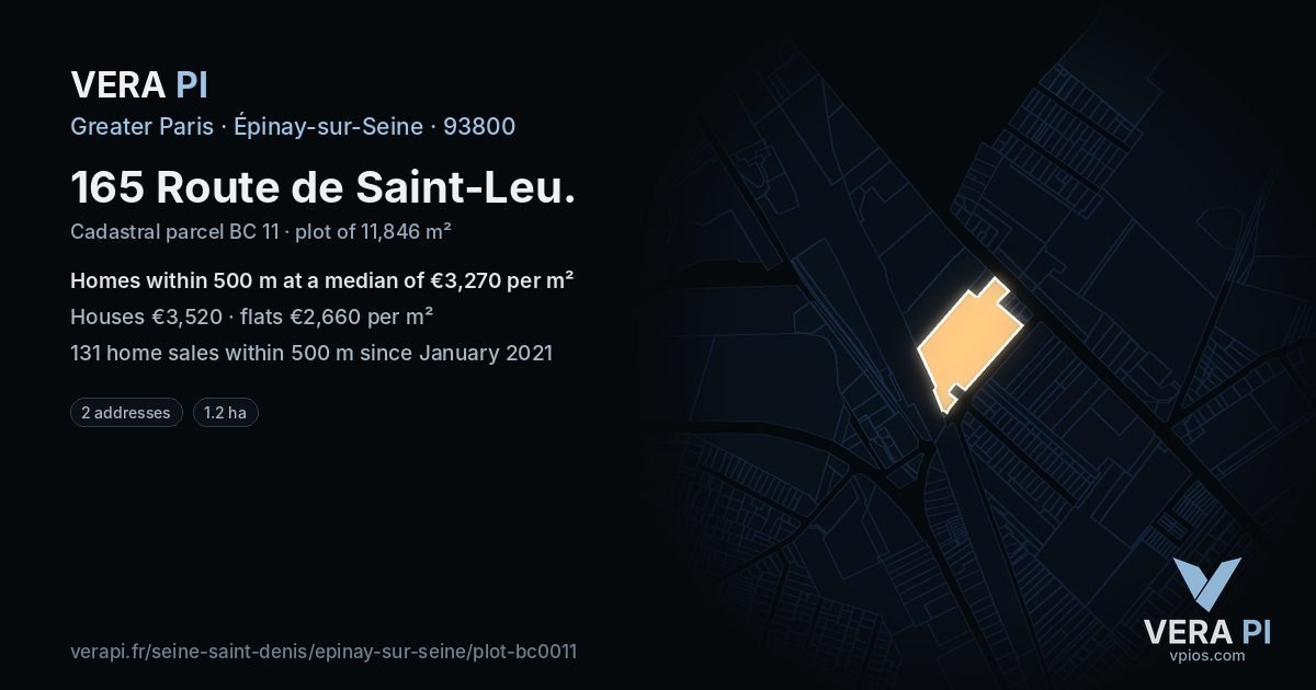 165 Route de Saint-Leu, Épinay-sur-Seine at night – the plot lit, the parcels around coloured by the prices near them