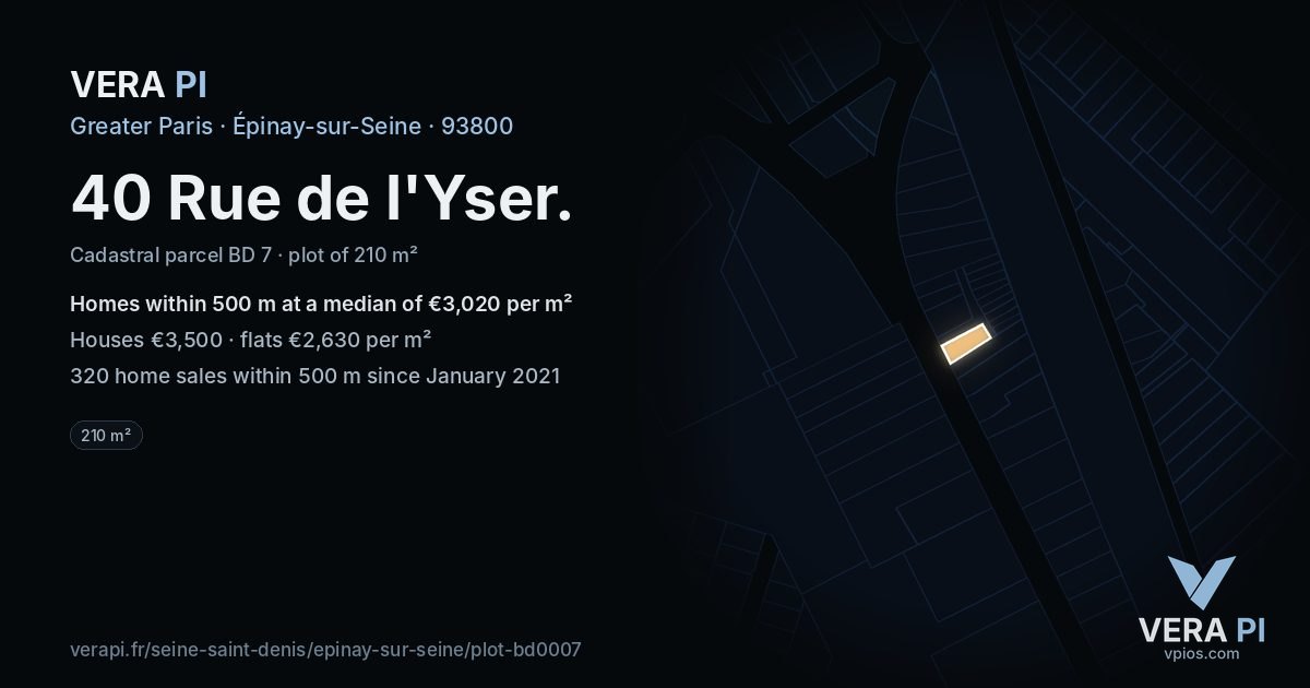 40 Rue de l'Yser, Épinay-sur-Seine at night – the plot lit, the parcels around coloured by the prices near them