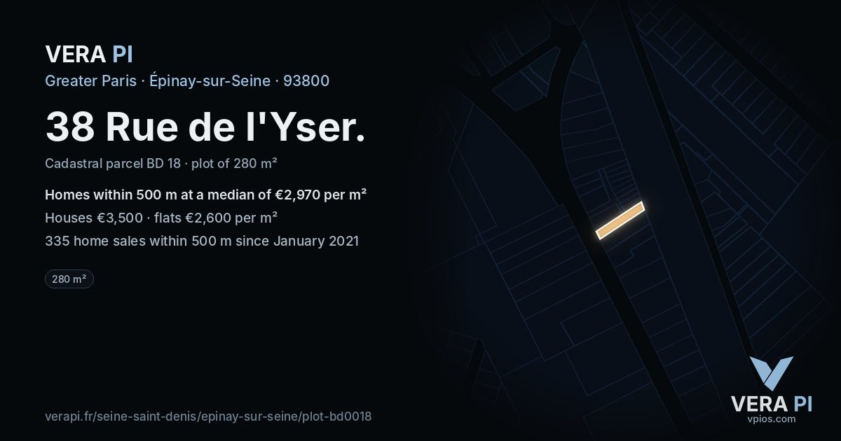 38 Rue de l'Yser, Épinay-sur-Seine at night – the plot lit, the parcels around coloured by the prices near them