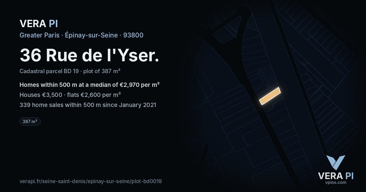 36 Rue de l'Yser, Épinay-sur-Seine at night – the plot lit, the parcels around coloured by the prices near them