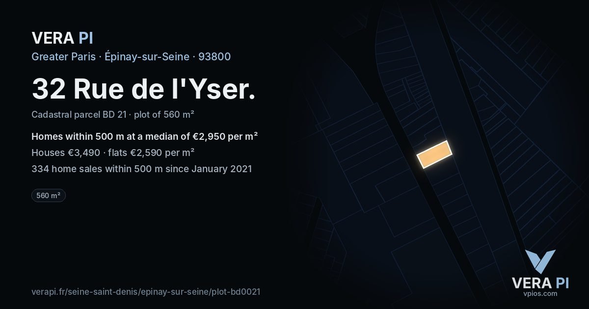 32 Rue de l'Yser, Épinay-sur-Seine at night – the plot lit, the parcels around coloured by the prices near them