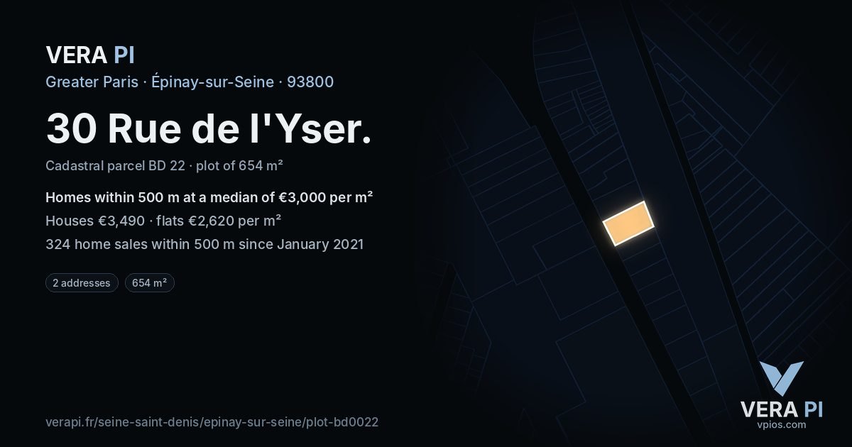 30 Rue de l'Yser, Épinay-sur-Seine at night – the plot lit, the parcels around coloured by the prices near them
