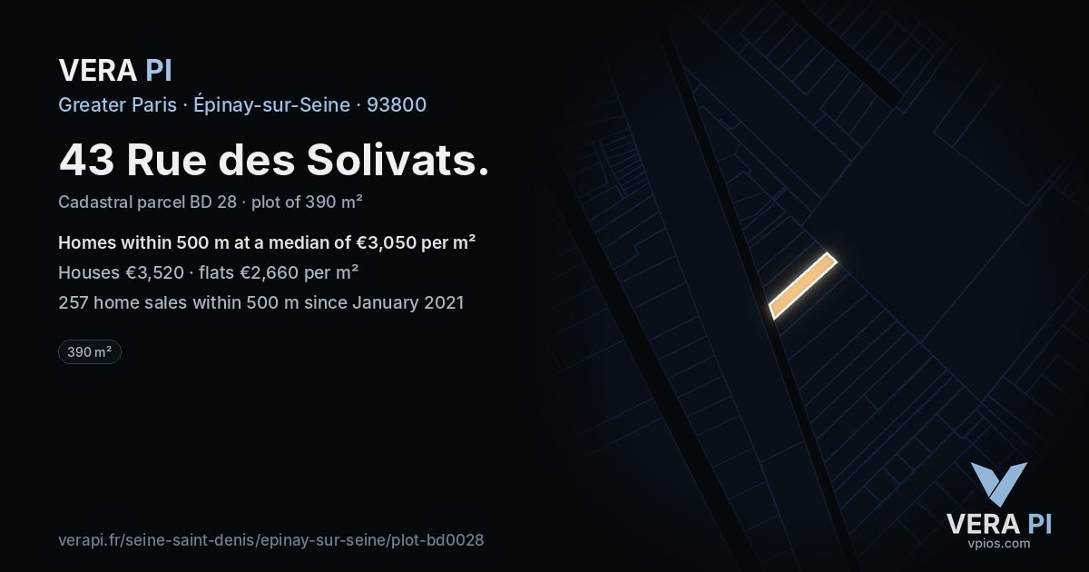 43 Rue des Solivats, Épinay-sur-Seine at night – the plot lit, the parcels around coloured by the prices near them