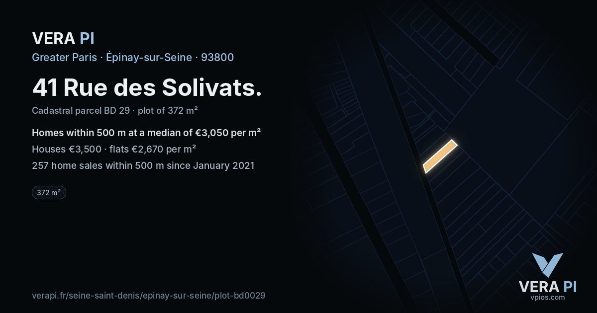 41 Rue des Solivats, Épinay-sur-Seine at night – the plot lit, the parcels around coloured by the prices near them
