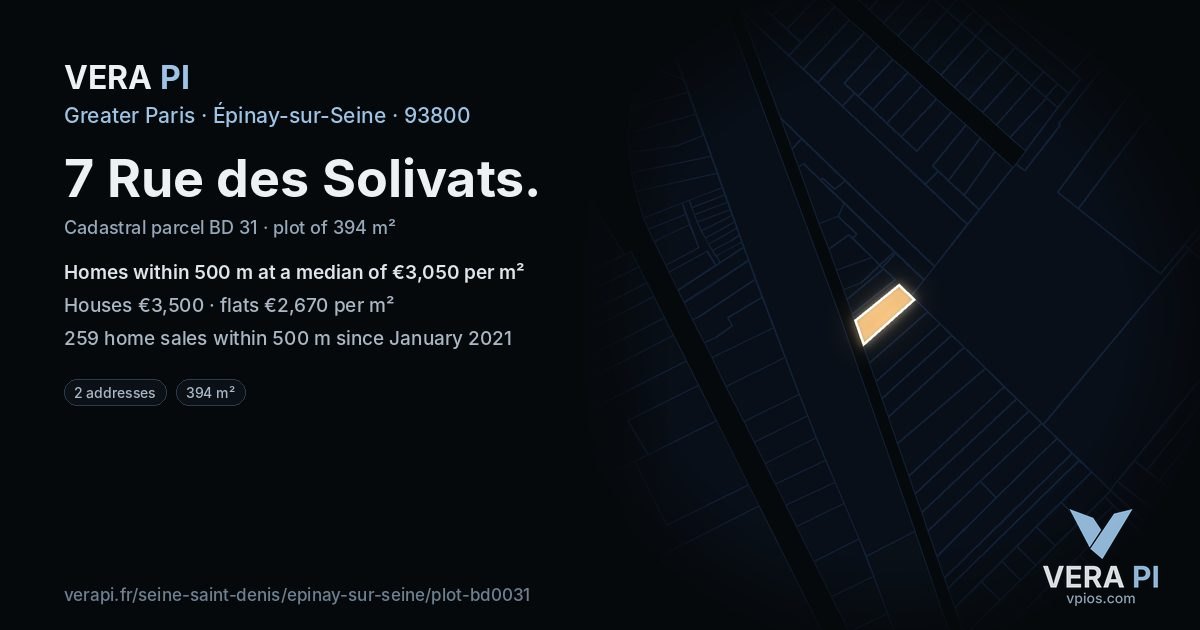 7 Rue des Solivats, Épinay-sur-Seine at night – the plot lit, the parcels around coloured by the prices near them