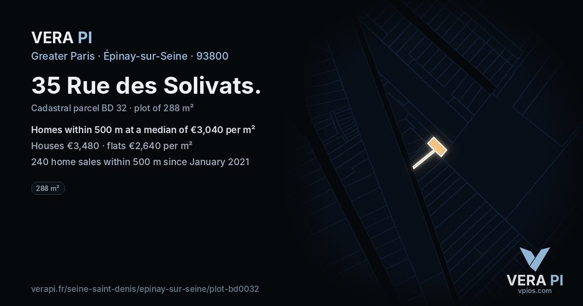 35 Rue des Solivats, Épinay-sur-Seine at night – the plot lit, the parcels around coloured by the prices near them