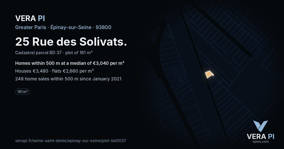 25 Rue des Solivats, Épinay-sur-Seine at night – the plot lit, the parcels around coloured by the prices near them