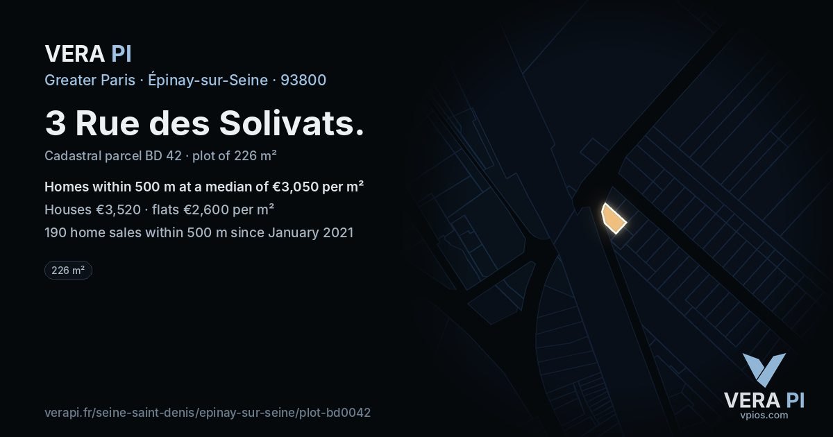 3 Rue des Solivats, Épinay-sur-Seine at night – the plot lit, the parcels around coloured by the prices near them