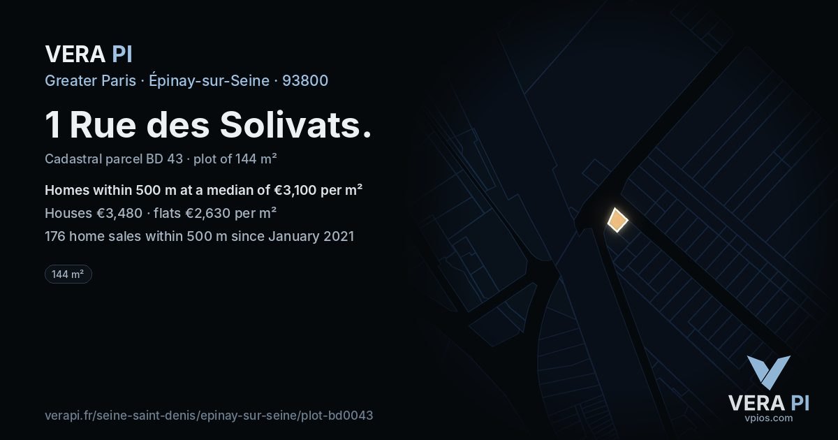 1 Rue des Solivats, Épinay-sur-Seine at night – the plot lit, the parcels around coloured by the prices near them