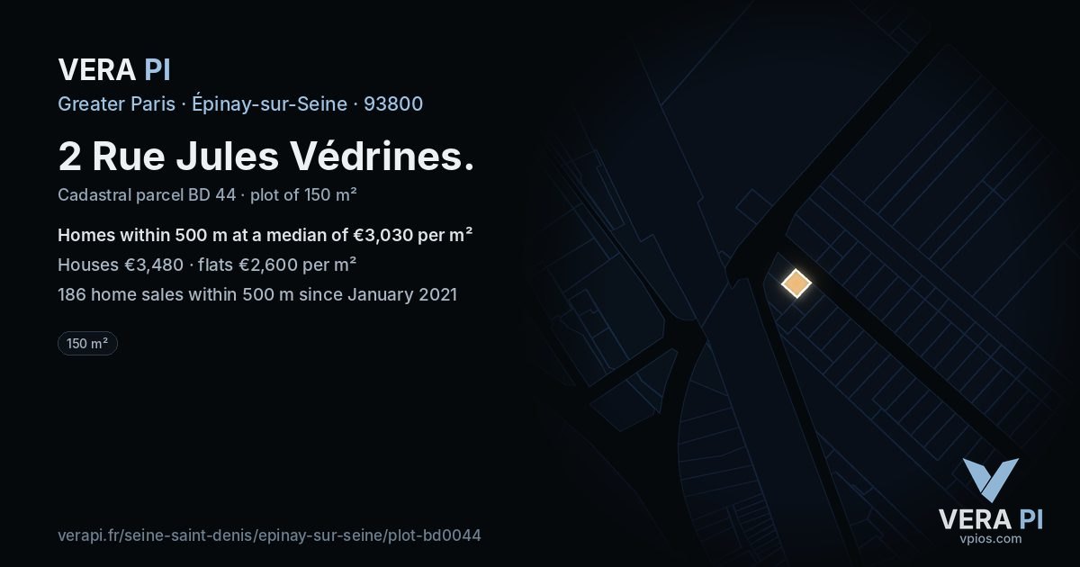 2 Rue Jules Védrines, Épinay-sur-Seine at night – the plot lit, the parcels around coloured by the prices near them