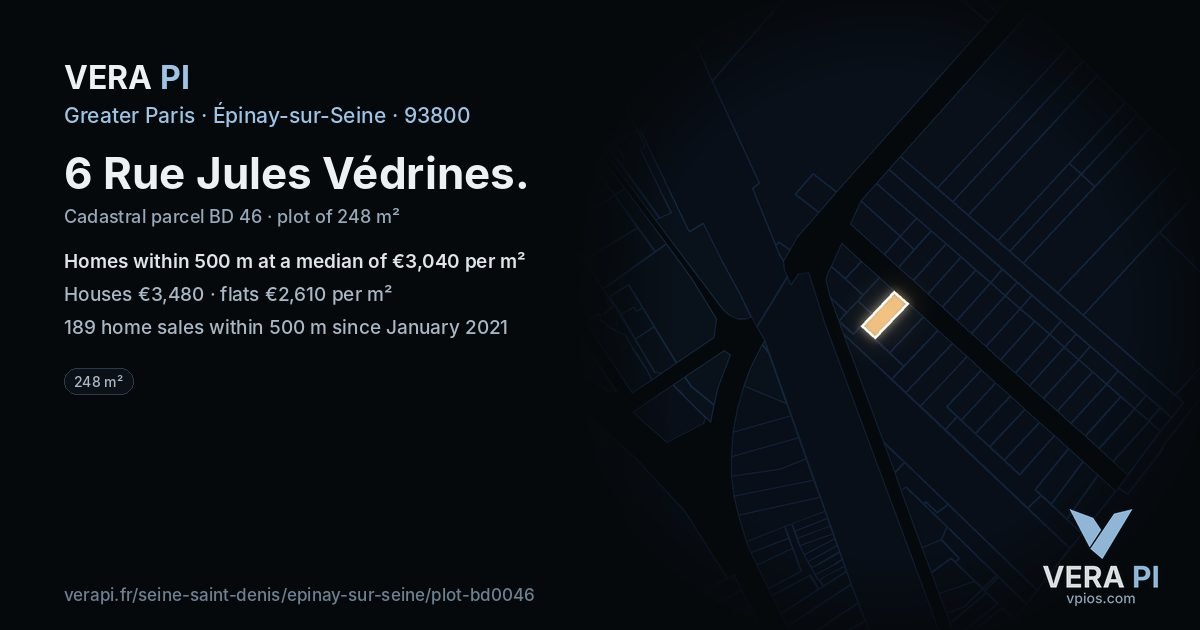 6 Rue Jules Védrines, Épinay-sur-Seine at night – the plot lit, the parcels around coloured by the prices near them