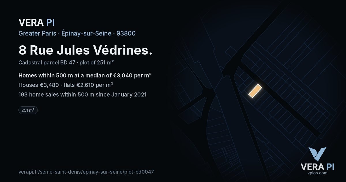 8 Rue Jules Védrines, Épinay-sur-Seine at night – the plot lit, the parcels around coloured by the prices near them