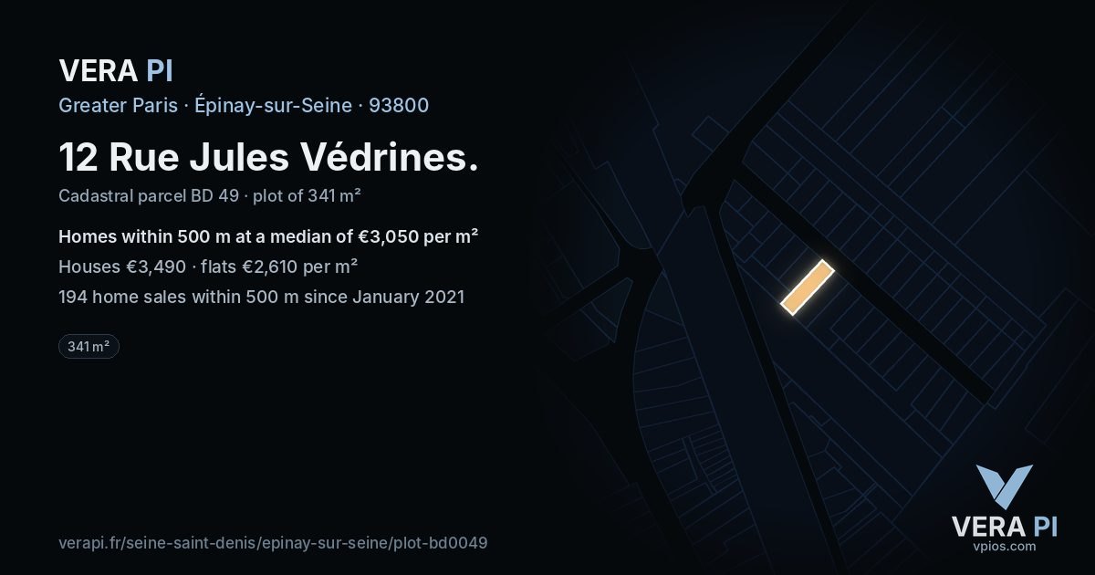12 Rue Jules Védrines, Épinay-sur-Seine at night – the plot lit, the parcels around coloured by the prices near them
