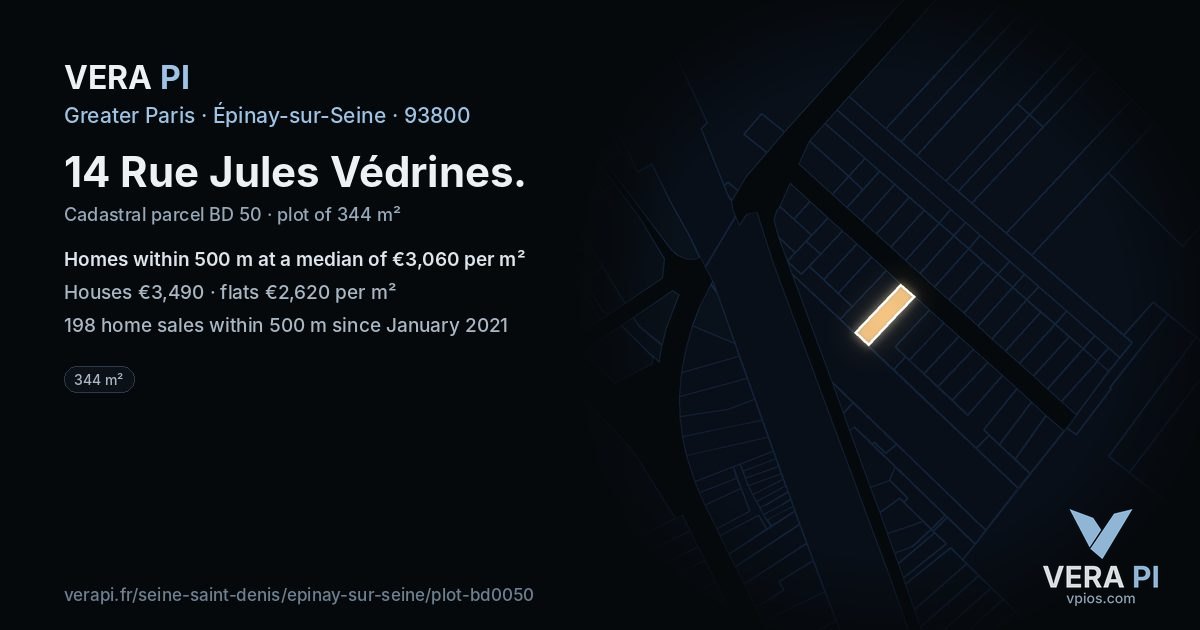 14 Rue Jules Védrines, Épinay-sur-Seine at night – the plot lit, the parcels around coloured by the prices near them