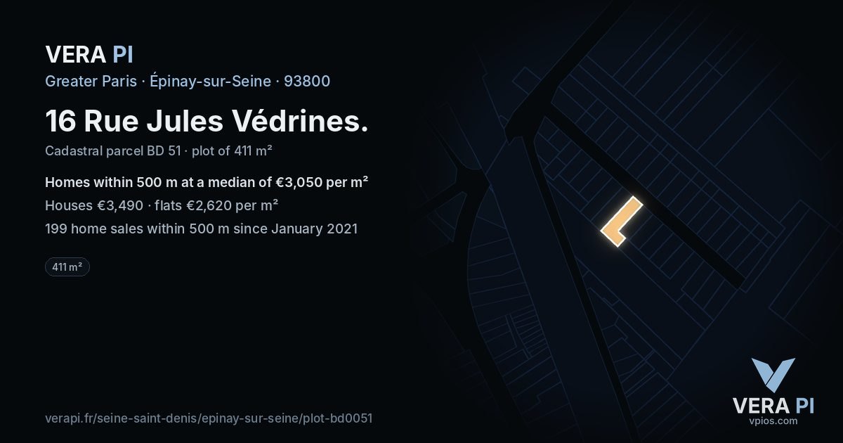 16 Rue Jules Védrines, Épinay-sur-Seine at night – the plot lit, the parcels around coloured by the prices near them