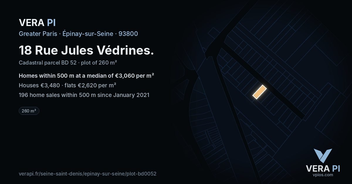 18 Rue Jules Védrines, Épinay-sur-Seine at night – the plot lit, the parcels around coloured by the prices near them