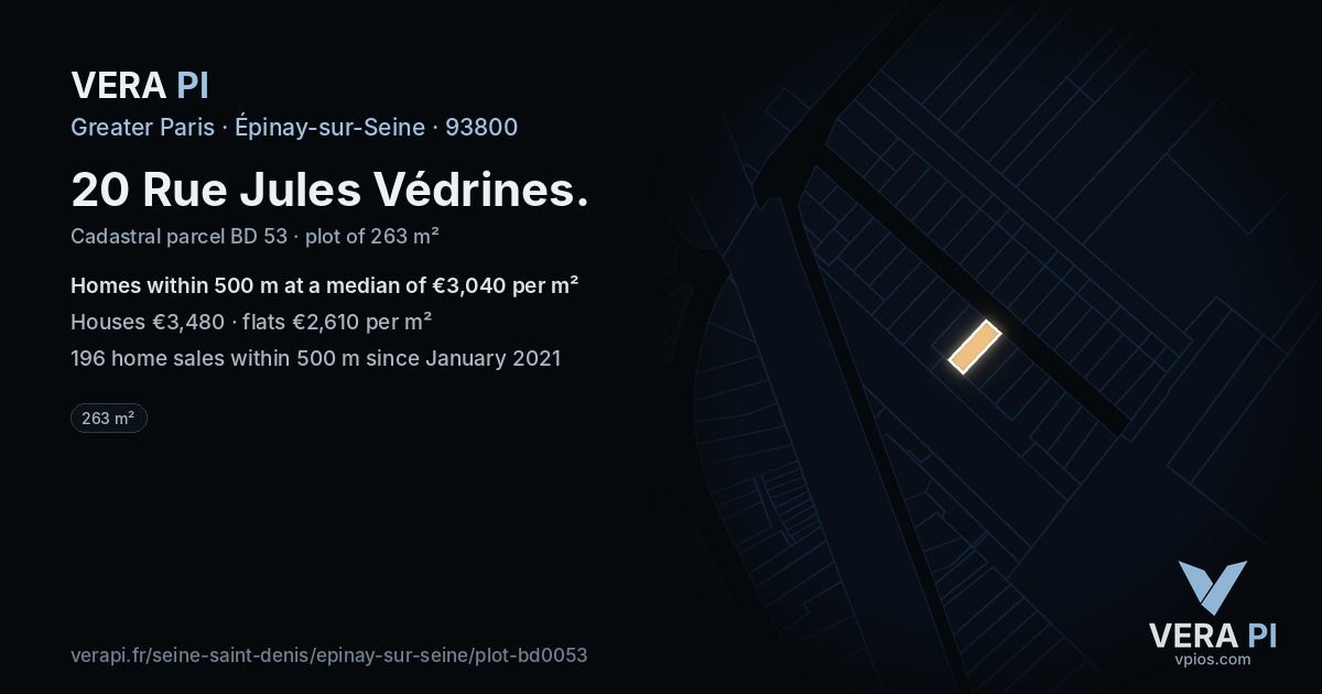 20 Rue Jules Védrines, Épinay-sur-Seine at night – the plot lit, the parcels around coloured by the prices near them