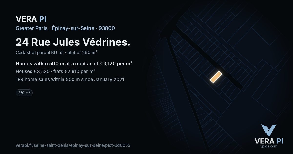 24 Rue Jules Védrines, Épinay-sur-Seine at night – the plot lit, the parcels around coloured by the prices near them