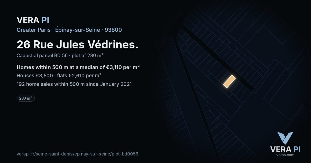 26 Rue Jules Védrines, Épinay-sur-Seine at night – the plot lit, the parcels around coloured by the prices near them