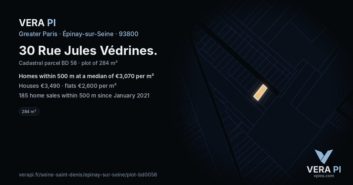 30 Rue Jules Védrines, Épinay-sur-Seine at night – the plot lit, the parcels around coloured by the prices near them