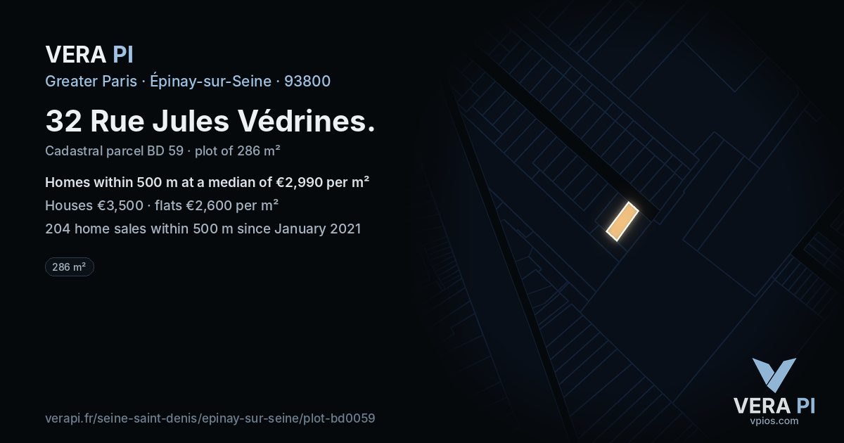 32 Rue Jules Védrines, Épinay-sur-Seine at night – the plot lit, the parcels around coloured by the prices near them