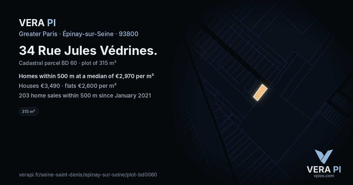 34 Rue Jules Védrines, Épinay-sur-Seine at night – the plot lit, the parcels around coloured by the prices near them