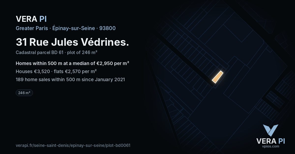 31 Rue Jules Védrines, Épinay-sur-Seine at night – the plot lit, the parcels around coloured by the prices near them