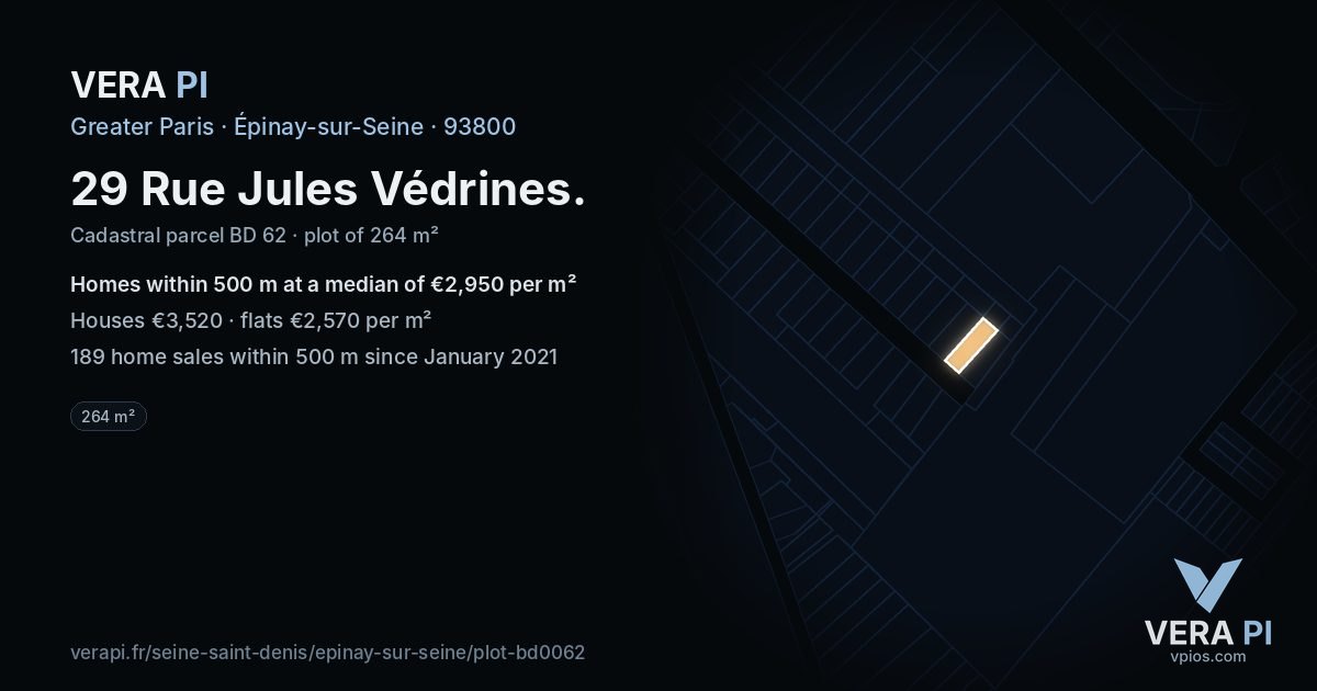 29 Rue Jules Védrines, Épinay-sur-Seine at night – the plot lit, the parcels around coloured by the prices near them